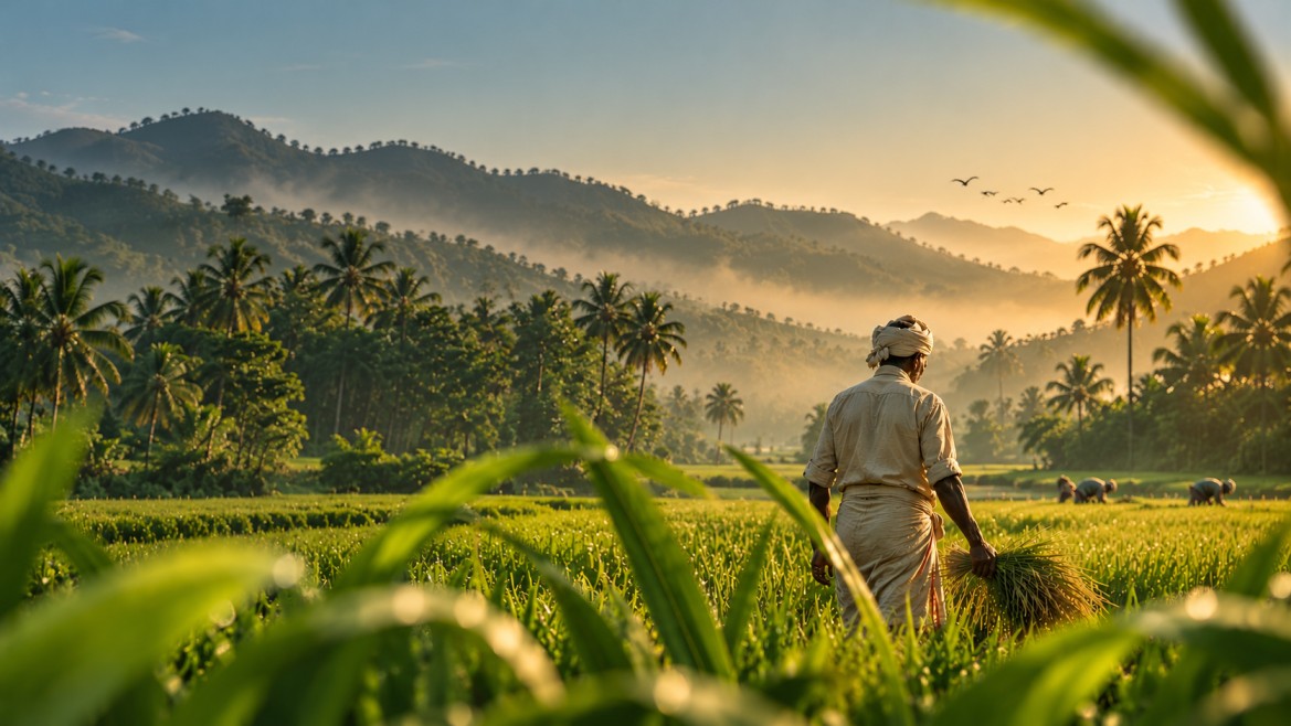 A farmer walking through misty paddy fields in Kerala